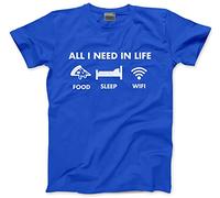 HotScamp All I Need in Life Food Sleep WiFi Mens and Childrens Unisex T-Shirt (XXL, Blue)