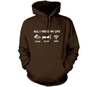 HotScamp All I Need In Life Food Sleep WIFI Unisex Adults and Kids Hoodie - Funny Millenial Teenager Gamer Lazy Brown Large
