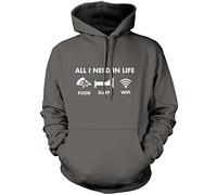 HotScamp All I Need In Life Food Sleep WIFI Unisex Adults and Kids Hoodie - Funny Millenial Teenager Gamer Lazy Grey X-Large