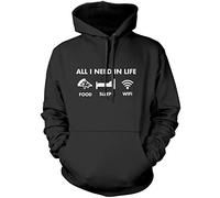 HotScamp All I Need In Life Food Sleep WIFI Unisex Adults and Kids Hoodie - Funny Millenial Teenager Gamer Lazy Black XX-Large