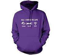 HotScamp All I Need In Life Food Sleep WIFI Unisex Adults and Kids Hoodie - Funny Millenial Teenager Gamer Lazy XL Purple