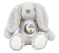 HotScamp Eid Gift Cuddly Toy - Personalised Eid Mubarak Blue Moon Customised Teddy Kids Plush Named Ramadan My First Muslim Islamic Baby Child Soft Plushie - Grey Bunny