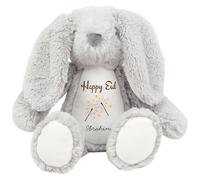HotScamp Eid Gift Cuddly Toy - Personalised Happy Eid Mubarak Firework Customised Teddy Kids Plush Named Ramadan My First Muslim Islamic Baby Child Soft Plushie - Grey Bunny