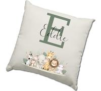 HotScamp Jungle Theme Cushion Cover - Personalised Bedroom Nursery Animal Scatter Cushion Home Accessory Pillow Newborn Baby Child's Kids Room - Name Through Initial Natural Canvas 40x40cm