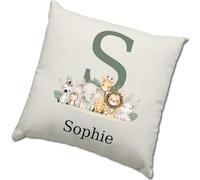 HotScamp Jungle Themed Cushion Cover - Personalised Nursery Bedroom Animal Scatter Cushion Home Accessory Pillow Newborn Baby Child's Kids Room - Name Under Initial Natural Canvas 40x40cm