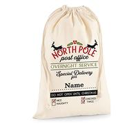 HotScamp Kids Christmas Sack Personalised Stocking North Pole Post Office Santa Delivery - Personalised Name Kids Children's Xmas Stocking Sack Canvas - Natural Canvas XL 49.5 x 75cm