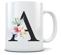 HotScamp Letter A Floral Initial Flowers Watercolour Monogrammed Mug for Tea and Coffee - Florals Pretty Vintage Wedding Monogram Work School WFH Home Office Girl Boss Mum One Size Natural