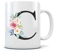 HotScamp Letter C Floral Initial Flowers Watercolour Monogrammed Mug for Tea and Coffee - Florals Pretty Vintage Wedding Monogram Work School WFH Home Office Girl Boss Mum One Size Natural