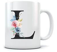 HotScamp Letter L Floral Initial Flowers Watercolour Monogrammed Mug for Tea and Coffee - Florals Pretty Vintage Wedding Monogram Work School WFH Home Office Girl Boss Mum One Size Natural