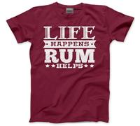 HotScamp Life Happens Rum Helps Men's Unisex T-Shirt - Funny Drink Rum Drinker Rum Lover Bottle Glass - M Maroon