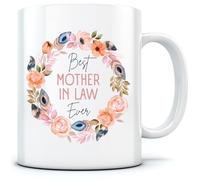 HotScamp Mother's Day Best Mother in Law Ever Flower Wreath - Ceramic Mug for Tea Coffee - Birthday Christmas from Kids Children Son or Daughter - White Mug