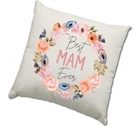 HotScamp Mother's Day Cushion Cover - Best Mam Ever Flower Wreath Scatter Cushion Home Accessory Pillow Bedroom Funny Mother's Day Mum Mummy - Natural Canvas 50x50cm
