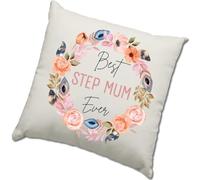 HotScamp Mother's Day Cushion Cover - Best Step Mum Ever Flower Wreath Scatter Cushion Home Accessory Pillow Bedroom Funny Mother's Day Mum Mummy - Natural Canvas 50x50cm