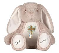 HotScamp Personalised Baptism Bunny with Name - Peter Cross Rabbit On your Baptism Day Soft Toy for Baby, Child, Kids, Babies Christening Church Spring Time - Pink Letter Brown Bunny