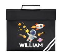 HotScamp Personalised Book Bags for School - Spaceman Space Astronaut Customised BookBag for Preschool Reception Infants KS1 Early Years P1 Primary School Kids - Black