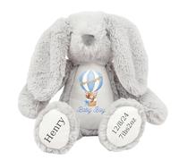 HotScamp Personalised Bunny Newborn Baby Boy New Birth Announcement Custom Plush Named Baby Name - Cuddly Toy Comforter Special Nursery Keepsake - Grey Bunny