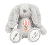 HotScamp Personalised Bunny Newborn Baby Girl New Birth Announcement Custom Plush Named Baby Name - Cuddly Toy Comforter Special Nursery Keepsake - Grey Bunny