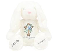 HotScamp Personalised Christening Bunny with Name - Blue Flower Cross On your Christening Day Soft Toy for Baby, Toddler, Kids, Child, Babies Baptism Church Spring Time - Blue Letter White Bunny