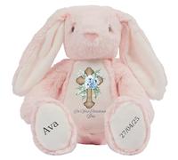 HotScamp Personalised Christening Bunny with Name - Blue Flower Cross On your Christening Day Soft Toy for Baby, Toddler, Kids, Child, Babies Baptism Church Spring Time - Blue Letter Pin Bunny