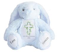 HotScamp Personalised Christening Bunny with Name - Eucalyptus Leaf Cross On your Christening Day Soft Toy for Baby, Toddler, Kids, Child, Babies Baptism Church Spring Time - Pink Letter Blu Bunny