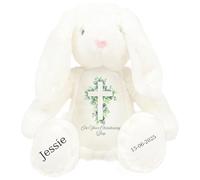 HotScamp Personalised Christening Bunny with Name - Eucalyptus Leaf Cross On your Christening Day Soft Toy for Baby, Toddler, Kids, Child, Babies Baptism Church Spring Time - Pink Letter White Bunny