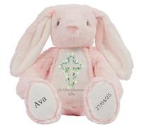 HotScamp Personalised Christening Bunny with Name - Eucalyptus Leaf Cross On your Christening Day Soft Toy for Baby, Toddler, Child, Kids, Babies Baptism Church Spring Time - Pink Letter Pin Bunny