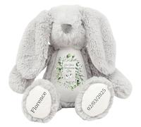 HotScamp Personalised Christening Bunny with Name - Eucalyptus Leaves Doves On your Christening Day Soft Toy for Baby, Toddler, Child, Kids, Babies Baptism Church Spring Time - Blue Letter Grey Bunny