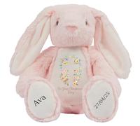 HotScamp Personalised Christening Bunny with Name - Flowers Cross On your Christening Day Soft Toy for Baby, Toddler, Kids, Child, Babies Baptism Church Spring Time - Pink Letter Pin Bunny