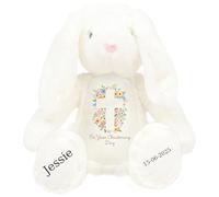 HotScamp Personalised Christening Bunny with Name - Flowers Cross On your Christening Day Soft Toy for Baby, Toddler, Kids, Child, Babies Baptism Church Spring Time - Pink Letter White Bunny