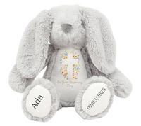 HotScamp Personalised Christening Bunny with Name - Flowers Cross On your Christening Day Soft Toy for Baby, Toddler, Child, Kids, Babies Baptism Church Spring Time - Pink Letter Grey Bunny