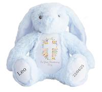 HotScamp Personalised Christening Bunny with Name - Flowers Cross On your Christening Day Soft Toy for Baby, Toddler, Kids, Child, Babies Baptism Church Spring Time - Pink Letter Blu Bunny