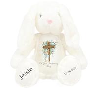 HotScamp Personalised Christening Bunny with Name - Peter Cross Rabbit On your Christening Day Soft Toy for Baby, Toddler, Kids, Child, Babies Baptism Church Spring Time - Pink Letter White Bunny