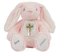 HotScamp Personalised Christening Bunny with Name - Peter Cross Rabbit On your Christening Day Soft Toy for Baby, Toddler, Child, Kids, Babies Baptism Church Spring Time - Pink Letter Pin Bunny
