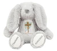 HotScamp Personalised Christening Bunny with Name - Peter Cross Rabbit On your Christening Day Soft Toy for Baby, Toddler, Kids, Child, Babies Baptism Church Spring Time - Pink Letter Grey Bunny