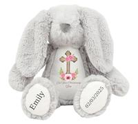 HotScamp Personalised Christening Bunny with Name - Pink Flower Cross On your Christening Day Soft Toy for Baby, Toddler, Kids, Child, Babies Baptism Church Spring Time - Blue Letter Grey Bunny