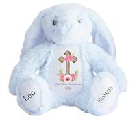 HotScamp Personalised Christening Bunny with Name - Pink Flower Cross On your Christening Day Soft Toy for Baby, Toddler, Kids, Child, Babies Baptism Church Spring Time - Blue Letter Blu Bunny