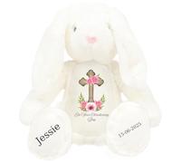 HotScamp Personalised Christening Bunny with Name - Pink Flower Cross On your Christening Day Soft Toy for Baby, Toddler, Kids, Child, Babies Baptism Church Spring Time - Blue Letter White Bunny
