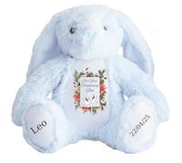HotScamp Personalised Christening Bunny with Name - Red Flowers Leaves Doves On your Christening Day Soft Toy for Baby, Toddler, Child, Kids, Babies Baptism Church Spring Time - Red Flower Blu Bunny