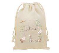 HotScamp Personalised Drawstring Sack - Custom Name Gift Bag for Kids Woodland Creature Animal Wreath Cute Illustration for Easter Birthday Dance School Children's Bedroom - Canvas Cotton Small