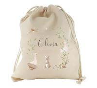 HotScamp Personalised Drawstring Sack - Custom Name Gift Bag for Kids Woodland Creature Animal Wreath Cute Illustration for Easter Birthday Dance School Children's Bedroom - Canvas Cotton Medium