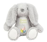 HotScamp Personalised Easter Bunny with Name - 3 Happy Easter Egg Green - Soft Toy for Baby, Toddler, Children, Kids, Babies Spring Time - Green Letter Grey Bunny