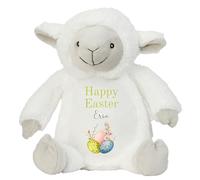 HotScamp Personalised Easter Bunny with Name - 3 Happy Easter Egg Green - Soft Toy for Baby, Toddler, Child, Kids, Babies Spring Time - Green Letter White Sheep Lamb