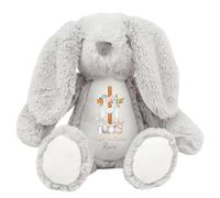 HotScamp Personalised Easter Bunny with Name - Happy 1st Easter 2026 Cross Egg Sunday Christian Jesus - Soft Toy for Baby, Toddler, Child, Kids, Babies Spring Time - Grey Bunny