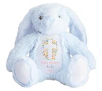 HotScamp Personalised Easter Bunny with Name - Happy 1st Easter 2026 Cross Flowers Christian Jesus - Soft Toy for Baby, Toddler, Child, Kids, Babies Spring Time - Blu Bunny