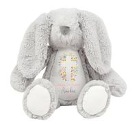 HotScamp Personalised Easter Bunny with Name - Happy 1st Easter 2026 Cross Flowers Christian Jesus - Soft Toy for Baby, Toddler, Child, Kids, Babies Spring Time - Grey Bunny