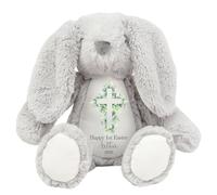 HotScamp Personalised Easter Bunny with Name - Happy 1st Easter 2026 Cross Leaves Christian Jesus - Soft Toy for Baby, Toddler, Child, Kids, Babies Spring Time - Grey Bunny