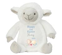 HotScamp Personalised Easter Bunny with Name - Happy 1st Easter Egg 2025 Blue - Soft Toy for Baby, Toddler, Child, Kids, Babies Spring Time - Blue Letter White Sheep Lamb