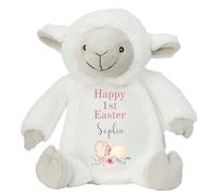 HotScamp Personalised Easter Bunny with Name - Happy 1st Easter Egg Pink - Soft Toy for Baby, Toddler, Child, Kids, Babies Spring Time - Pink Letter White Sheep Lamb