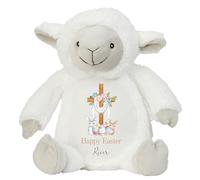 HotScamp Personalised Easter Bunny with Name - Happy Easter Cross Egg Sunday Christian Jesus - Soft Toy for Baby, Toddler, Children, Kids, Babies Spring Time - White Sheep Lamb