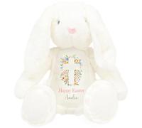 HotScamp Personalised Easter Bunny with Name - Happy Easter Cross Flowers Christian Jesus - Soft Toy for Baby, Toddler, Child, Kids, Babies Spring Time - White Bunny
